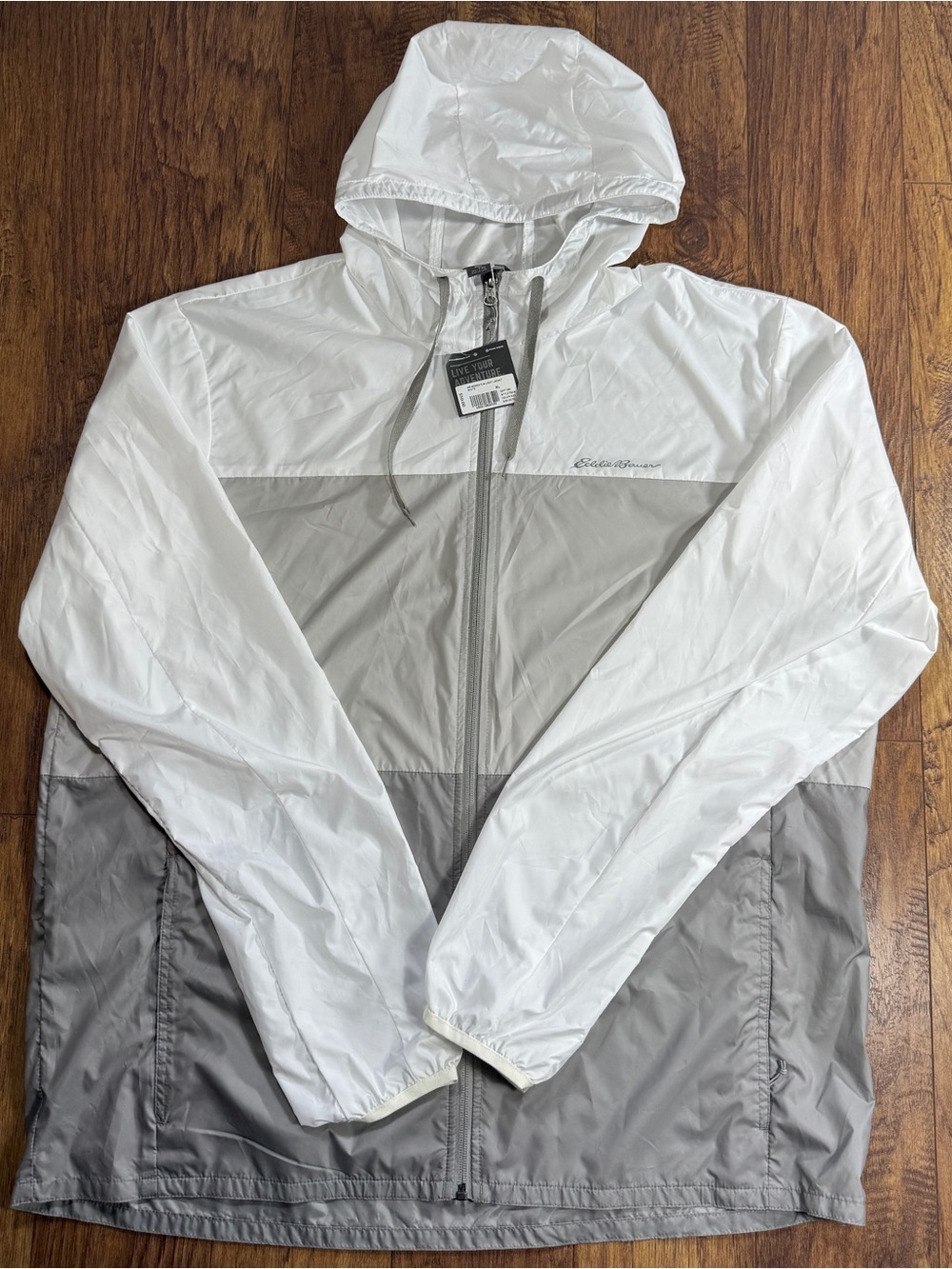 NWT) Eddie Bauer Men’s XL Momentum Light Jacket White Gray Hooded Windbreaker